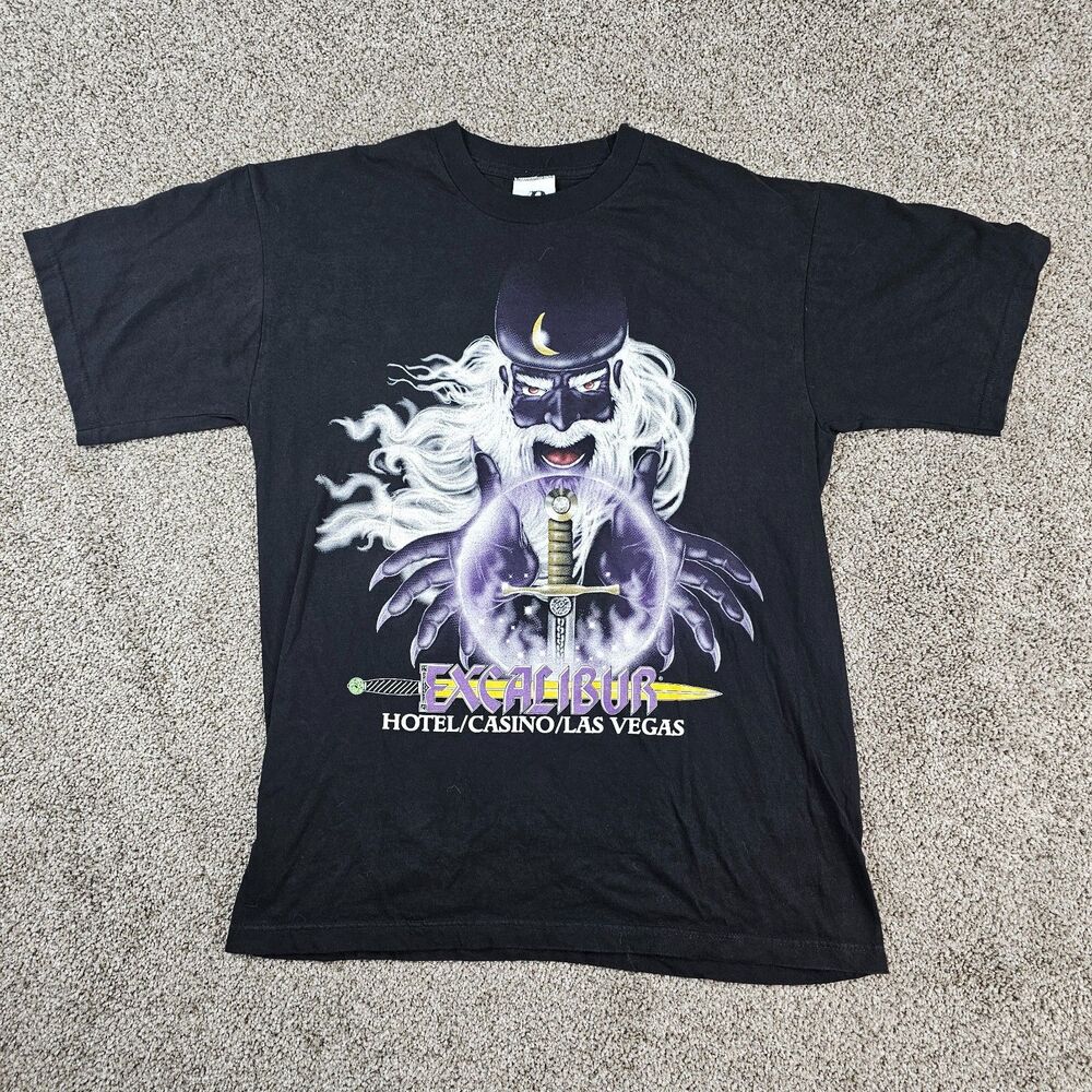 Vintage Excalibur Hotel Casino Shirt Mens Large Black Wizard Las Vegas 90s USA